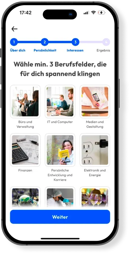 Screenshot der Careertune App: Auswählen von spannenden Berufsfeldern