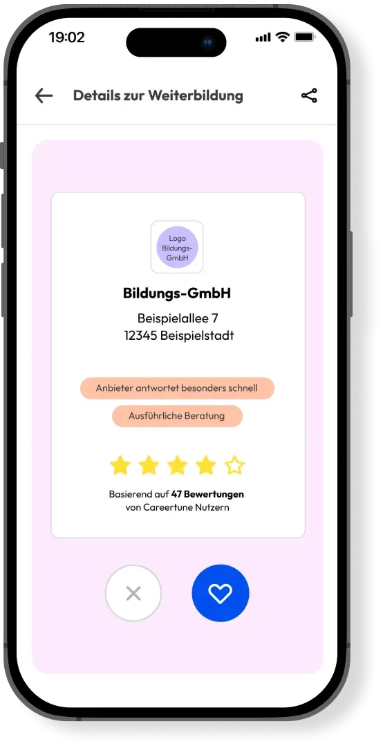 Screenshot der Careertune App: Bewertungen von Weiterbildungsanbietern ansehen