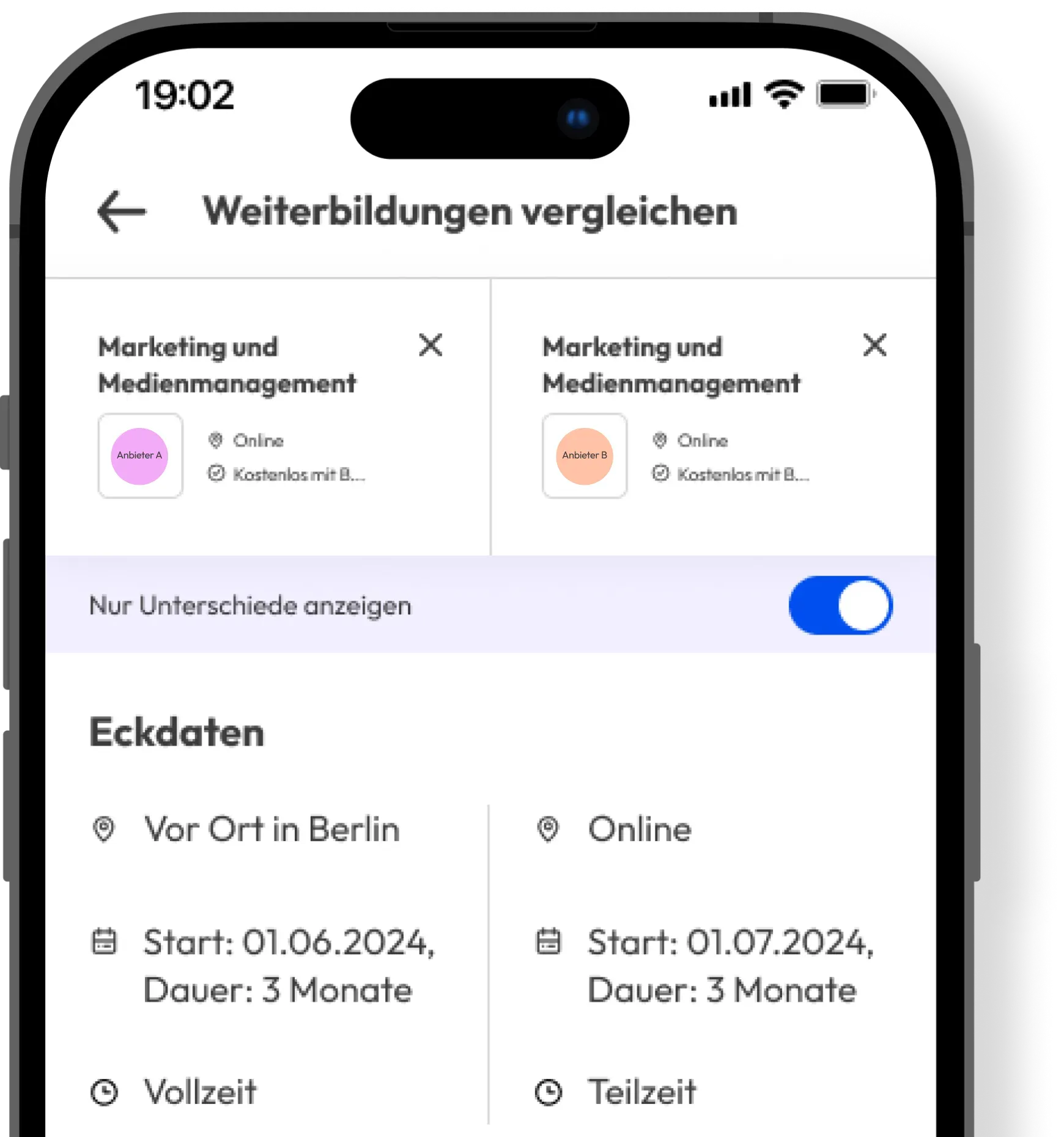 Screenshot der Careertune App: Vergleichen von 2 Weiterbildungen nebeneinander