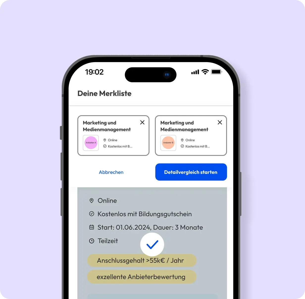 2 Weiterbildungen werden in der Careertune App verglichen