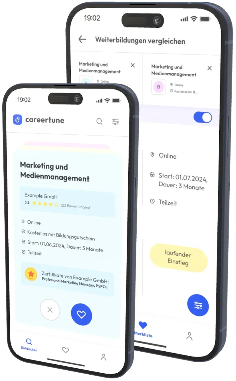 2 iPhones mit Screenshots der Careertune Vergleichsapp für geförderte Weiterbildungen